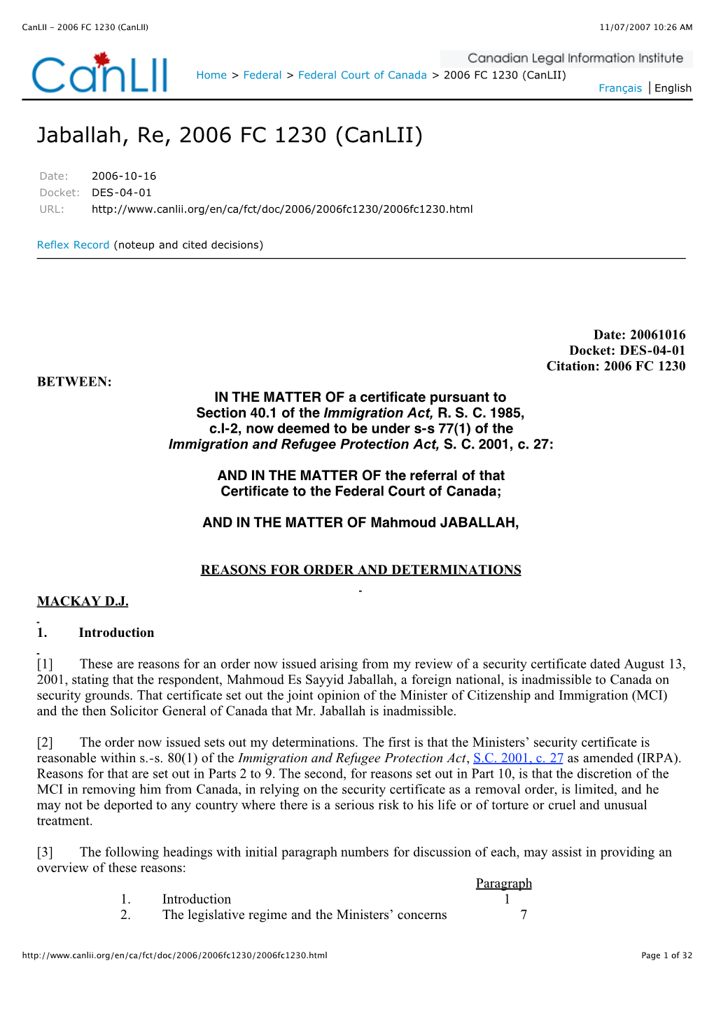 Federal Court of Canada > 2006 FC 1230 (Canlii) Français English