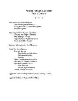 Nauvoo Pageant Guidebook Table of Contents