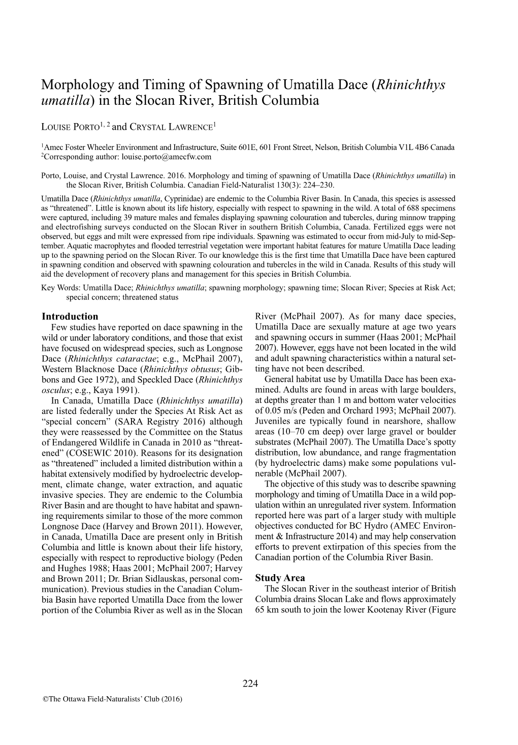 Morphology and Timing of Spawning of Umatilla Dace ( Rhinichthys Umatilla ) in the Slocan River, British Columbia