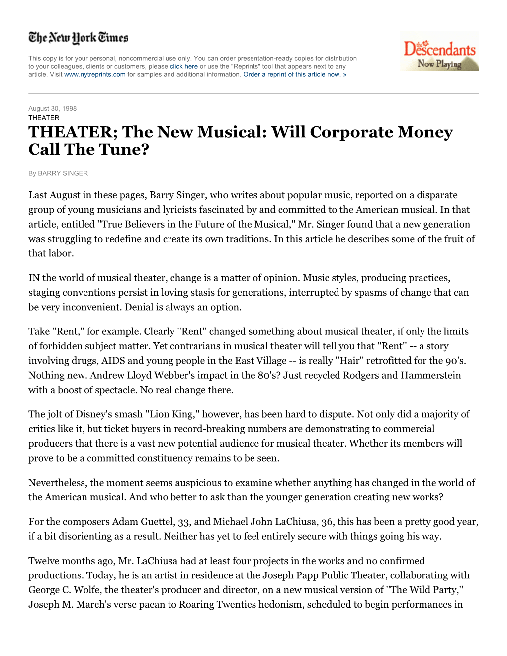 THEATER; the New Musical: Will Corporate Money Call the Tune?