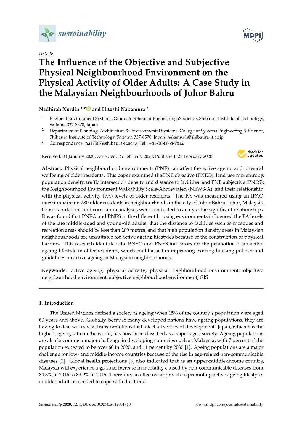 The Influence of the Objective and Subjective Physical Neighbourhood Environment on the Physical Activity of Older Adults