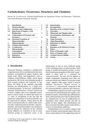Carbohydrates: Occurrence, Structures and Chemistry