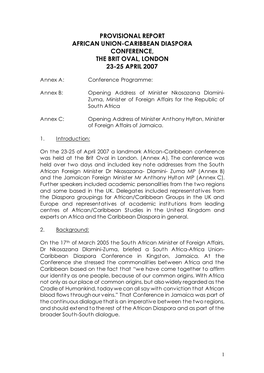 Provisional Report African Union-Caribbean Diaspora Conference, the Brit Oval, London 23-25 April 2007