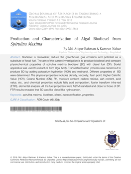 Production and Characterization of Algal Biodiesel from Spirulina Maxima by Md