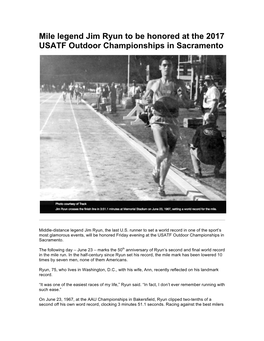 Mile Legend Jim Ryun to Be Honored at the 2017 USATF Outdoor Championships in Sacramento