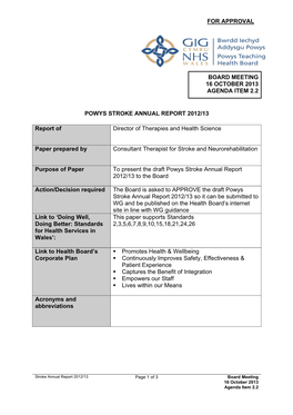 For Approval Board Meeting 16 October 2013 Agenda Item