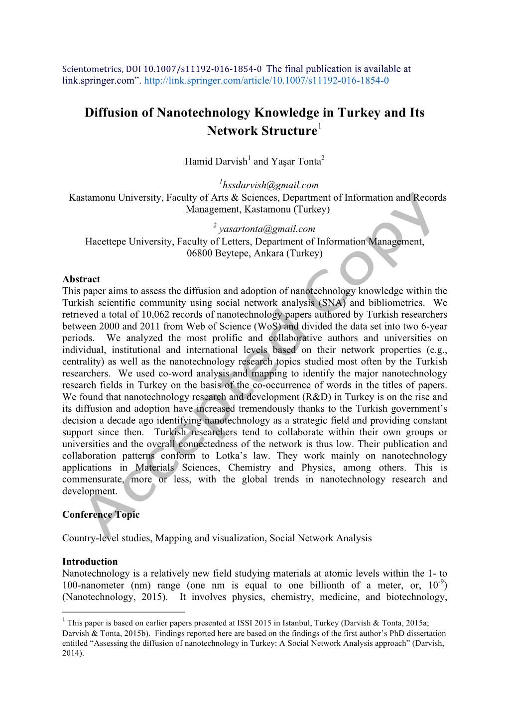 Diffusion of Nanotechnology Knowledge in Turkey and Its Network Structure1