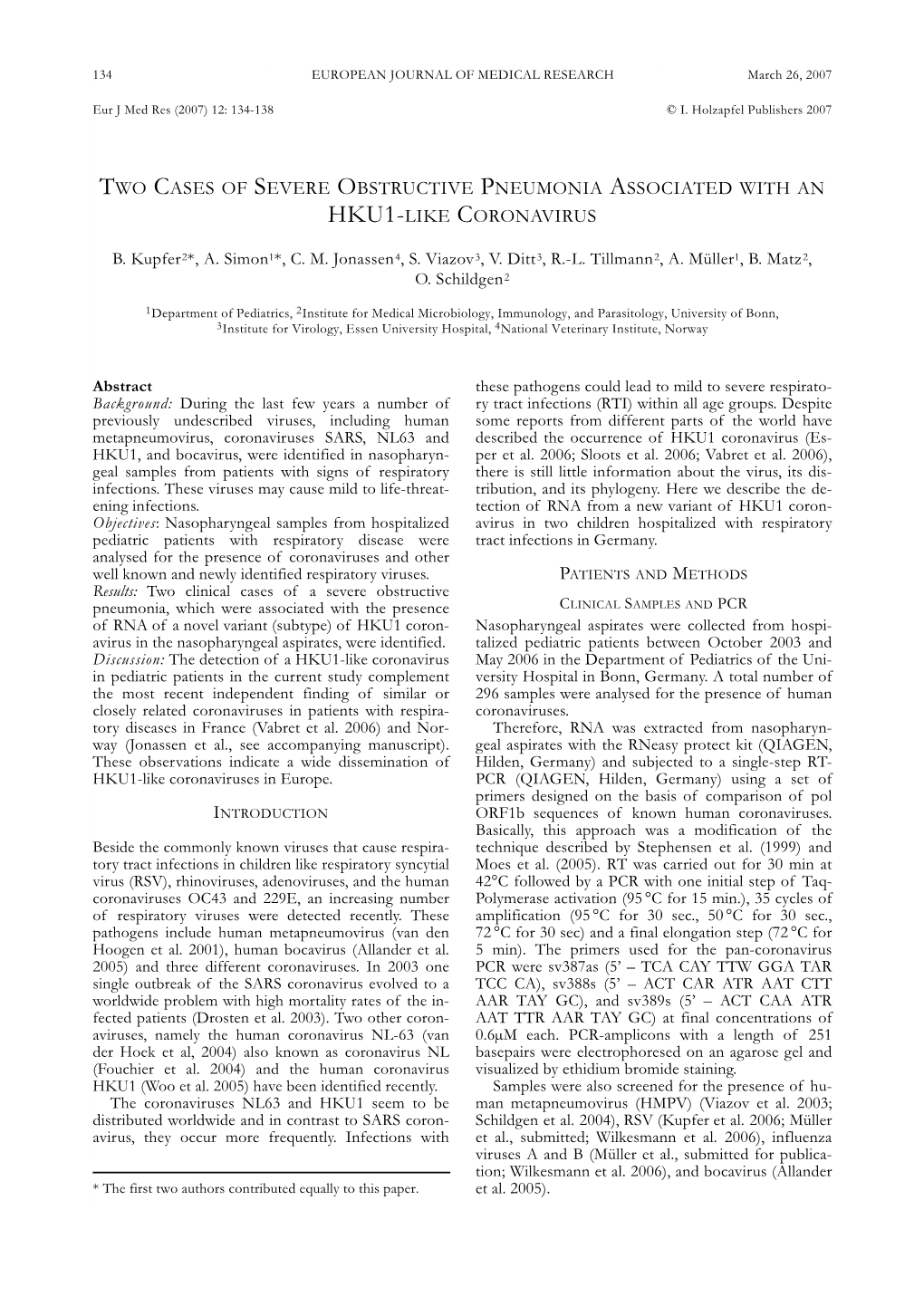 Two Cases of Severe Obstructive Pneumonia Associated with an Hku1-Like Coronavirus