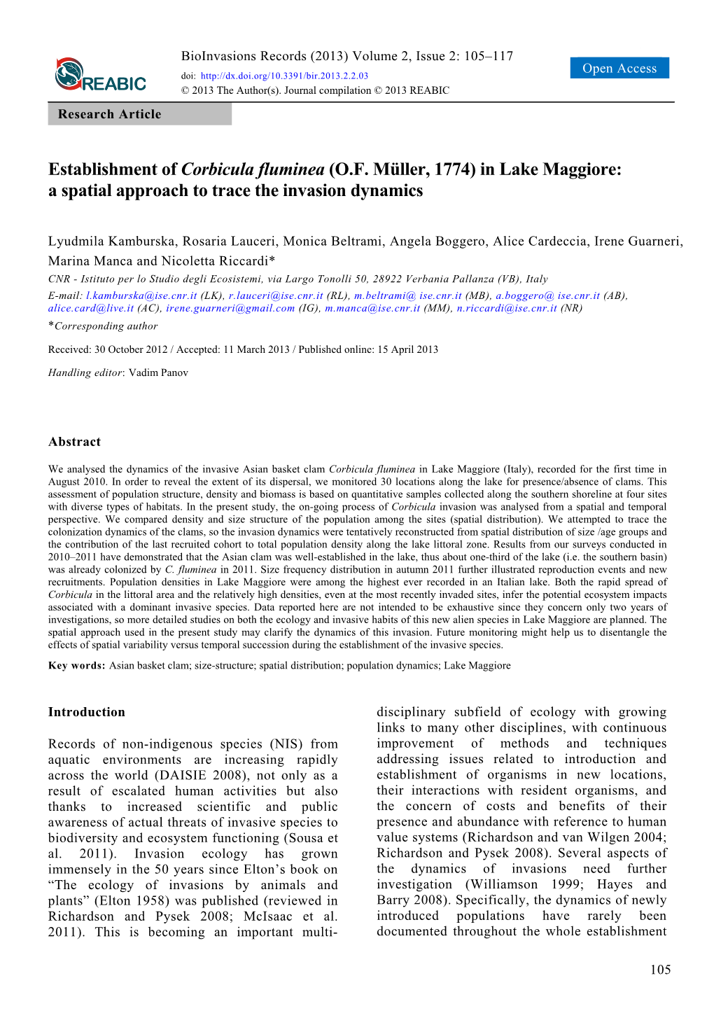 Establishment of Corbicula Fluminea (O.F