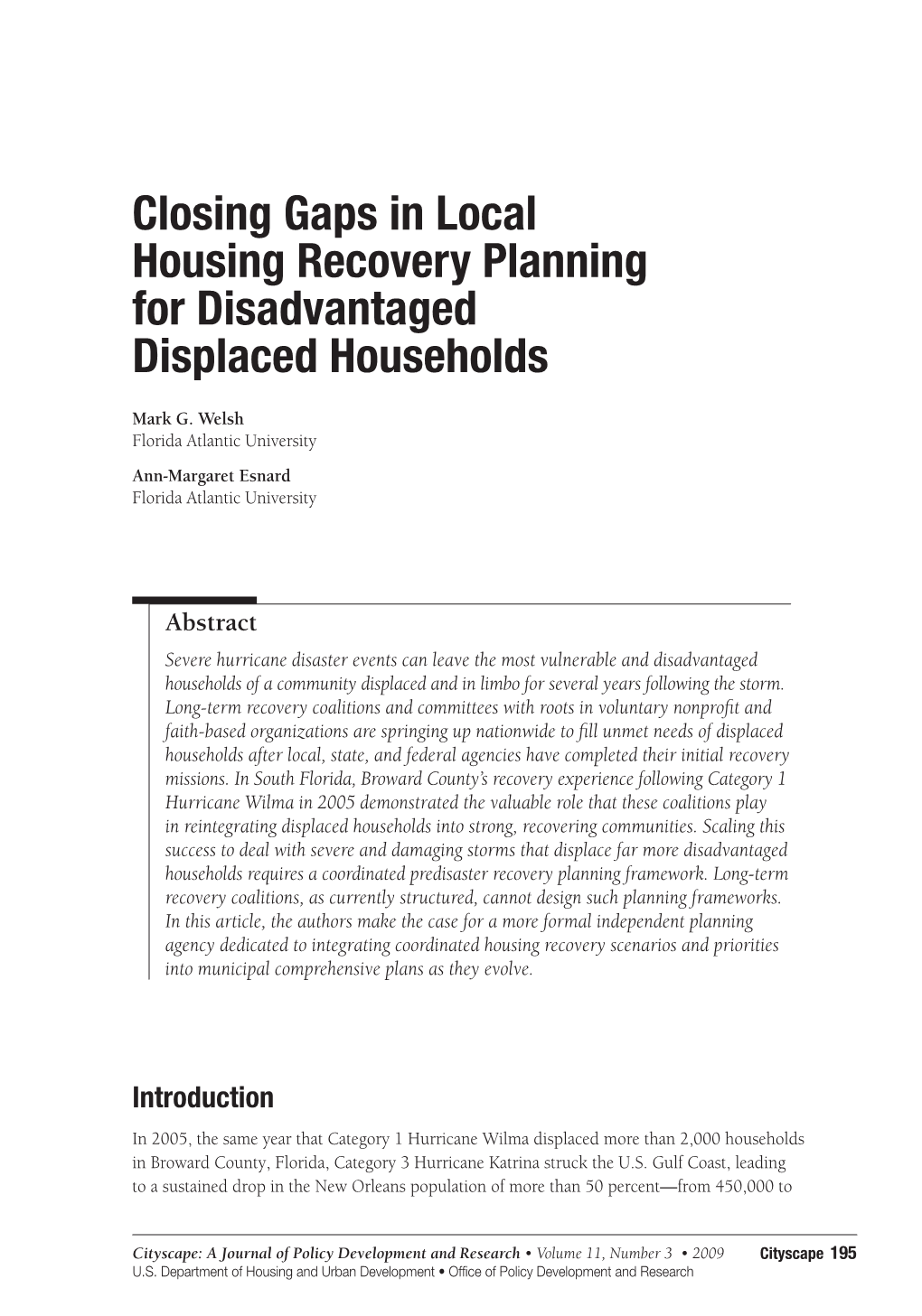 Closing Gaps in Local Housing Recovery Planning for Disadvantaged Displaced Households