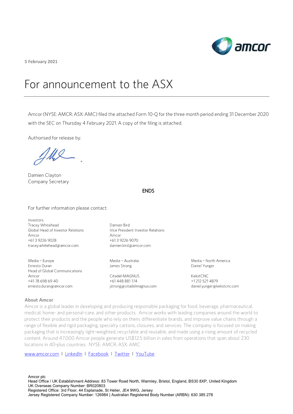 Amcor 2Q 2021 Form 10-Q