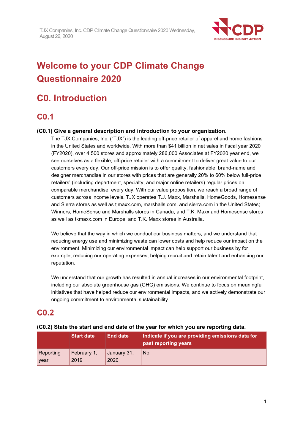 The TJX Companies, Inc. 2020 CDP Climate Change Questionnaire