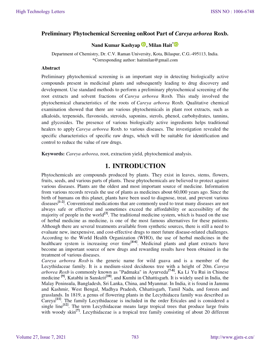 Preliminary Phytochemical Screening on Root Part of Careya