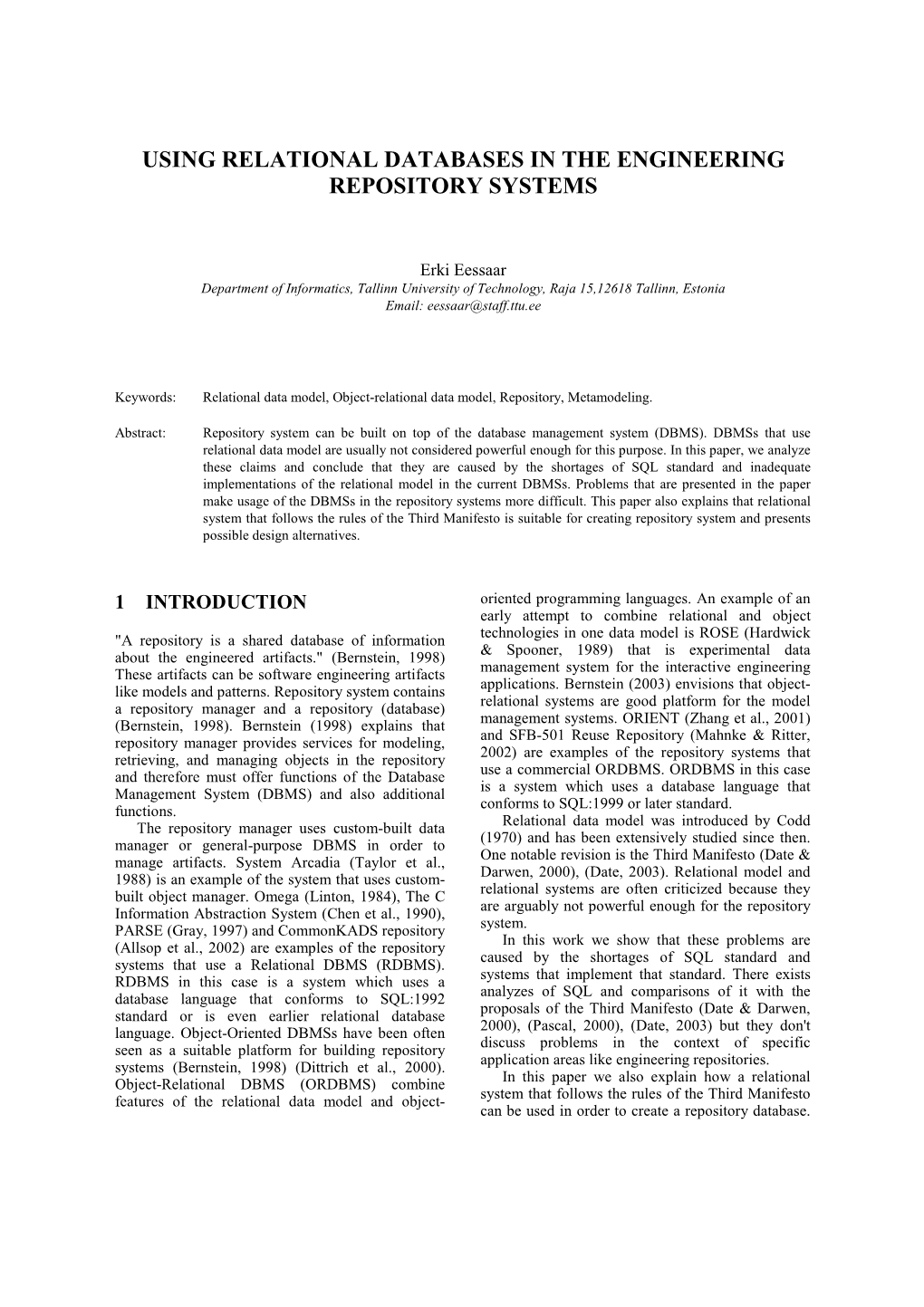 Using Relational Databases in the Engineering Repository Systems