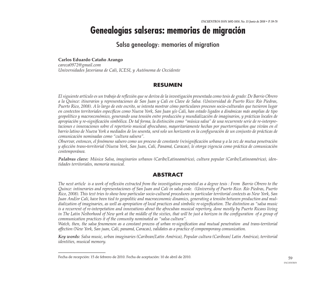 Genealogías Salseras: Memorias De Migración Salsa Genealogy: Memories of Migration