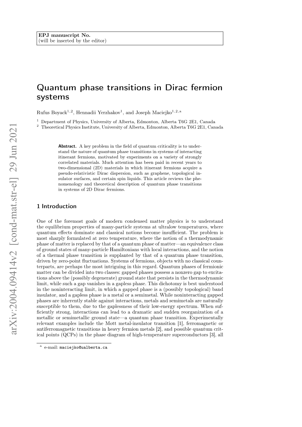 Arxiv:2004.09414V2 [Cond-Mat.Str-El] 29 Jun 2021 Ical Points (Qcps) in the Phase Diagram of High-Temperature Superconductors [3], All