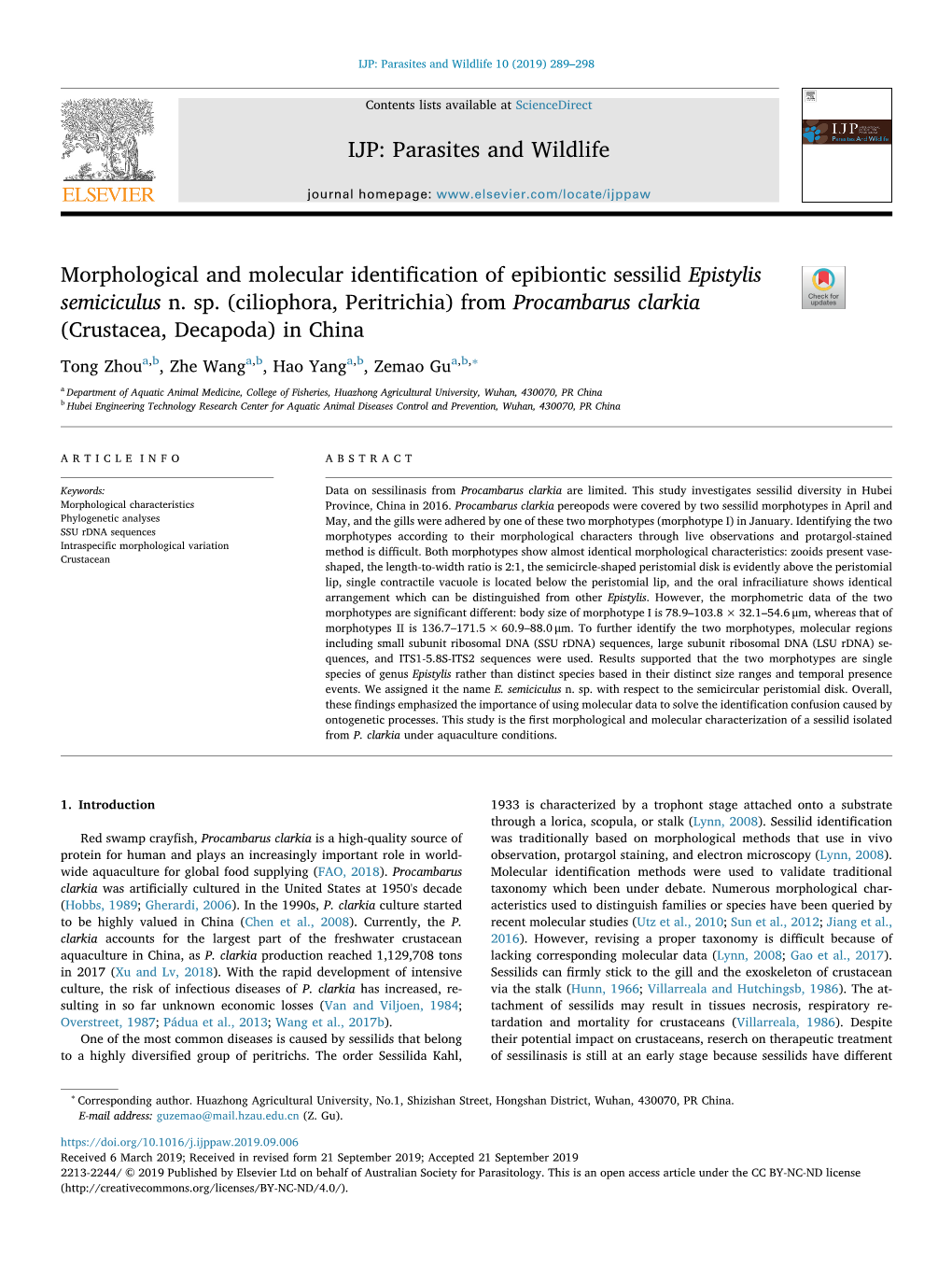 Morphological and Molecular Identification of Epibiontic Sessilid Epistylis Semiciculus N. Sp. (Ciliophora, Peritrichia) from Pr