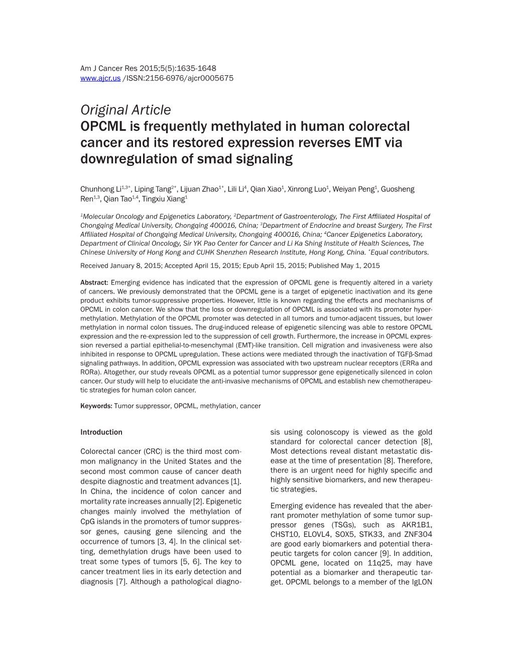 Original Article OPCML Is Frequently Methylated in Human Colorectal Cancer and Its Restored Expression Reverses EMT Via Downregulation of Smad Signaling