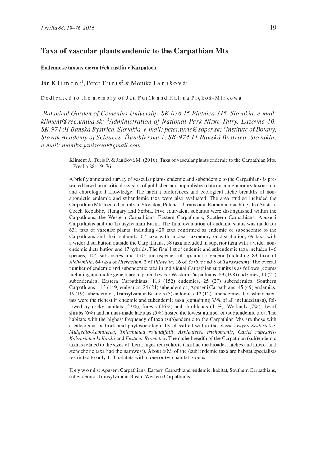 Taxa of Vascular Plants Endemic to the Carpathian Mts