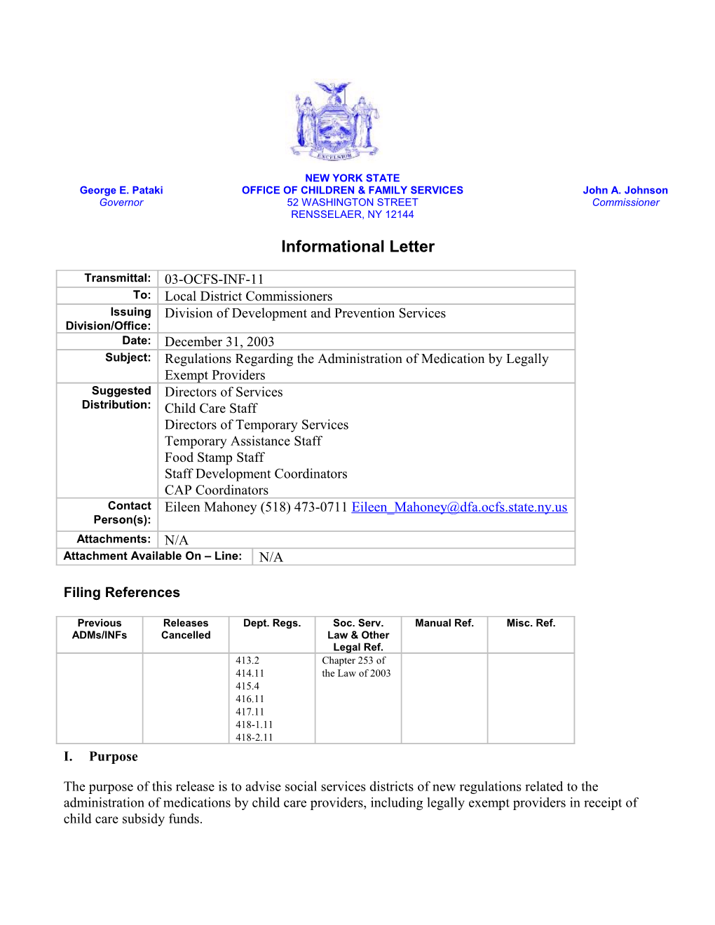 03-OCFS-INF-11 Regulations Regarding the Administration of Medications by Legally Exempt