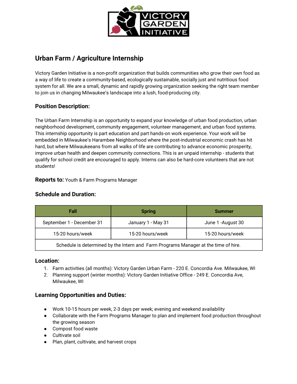 Urban Farm / Agriculture Internship