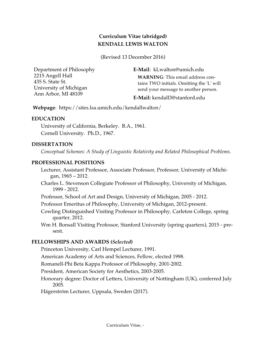 Curriculum Vitae (Abridged) KENDALL LEWIS WALTON