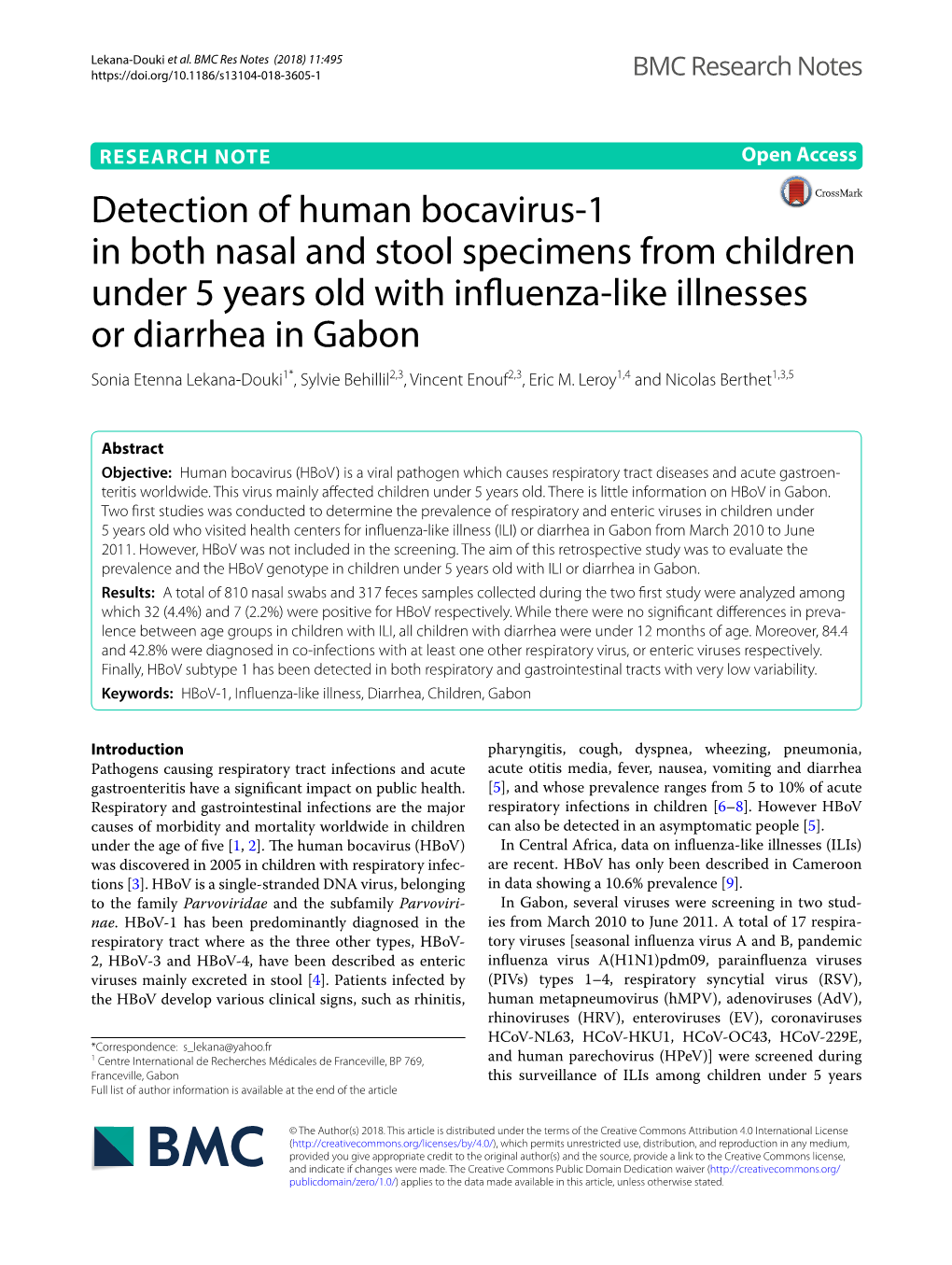 Detection of Human Bocavirus-1 in Both Nasal and Stool Specimens