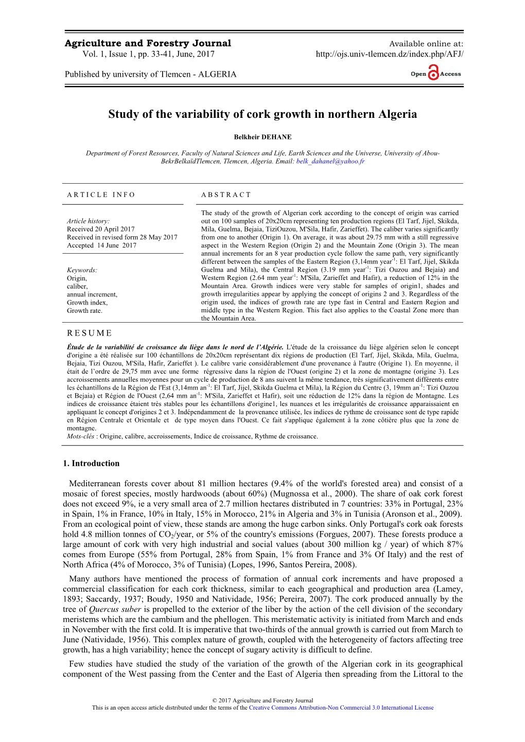 Study of the Variability of Cork Growth in Northern Algeria