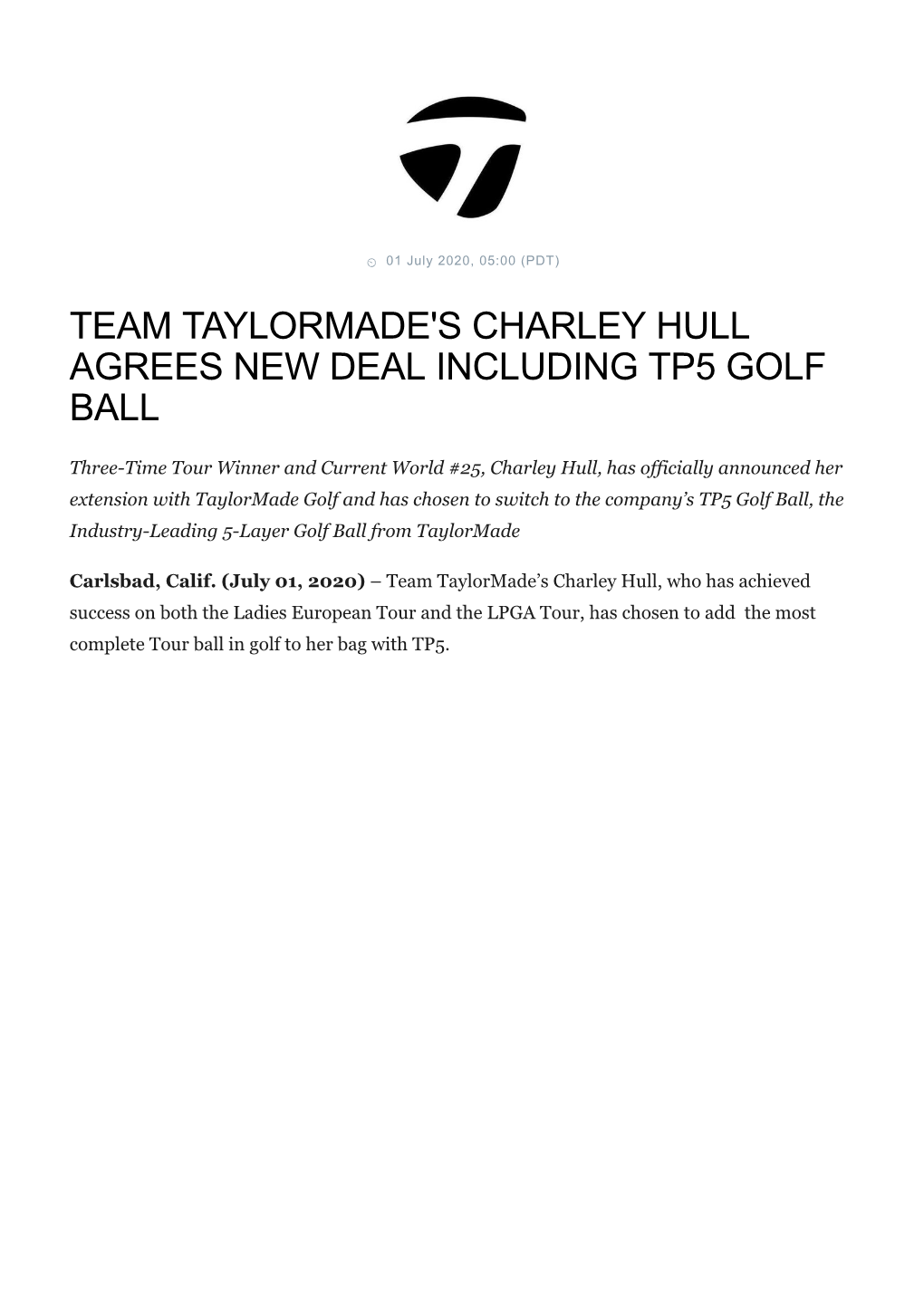 Team Taylormade's Charley Hull Agrees New Deal Including Tp5 Golf Ball