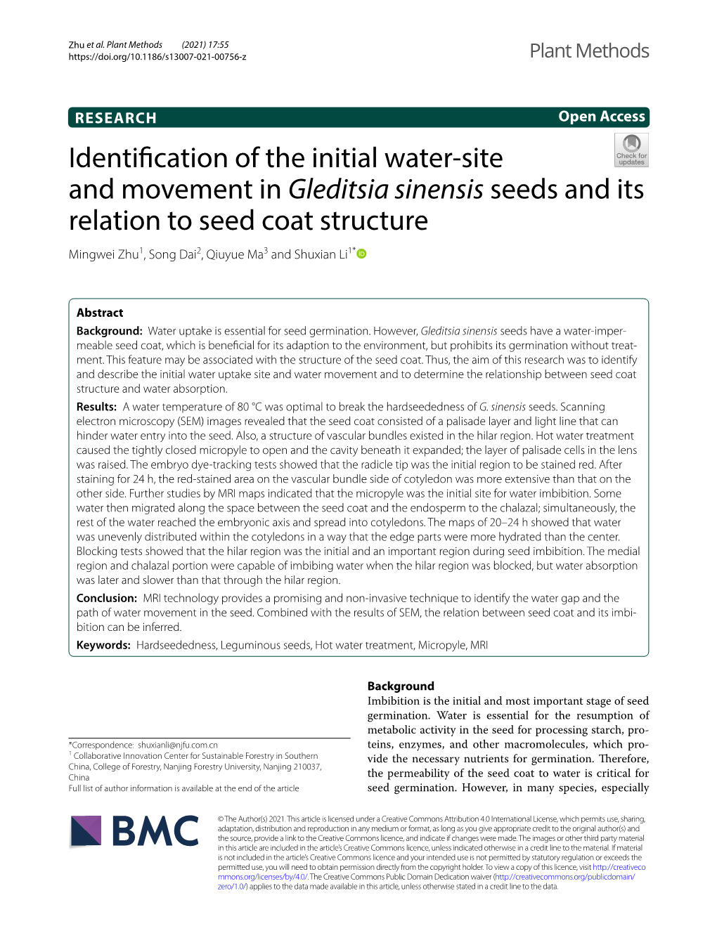 Identification of the Initial Water-Site and Movement in Gleditsia Sinensis