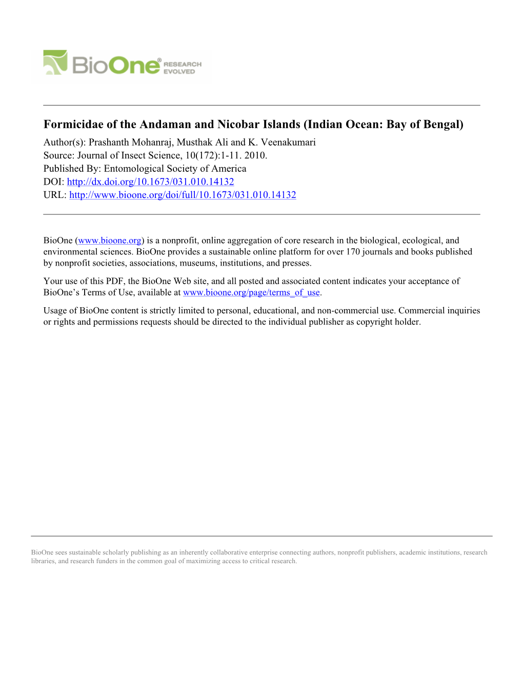 Formicidae of the Andaman and Nicobar Islands (Indian Ocean: Bay of Bengal) Author(S): Prashanth Mohanraj, Musthak Ali and K