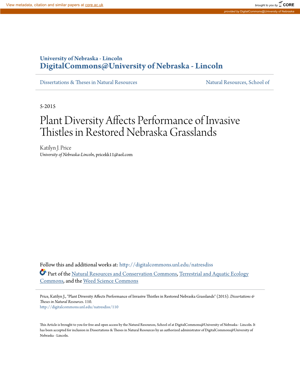 Plant Diversity Affects Performance of Invasive Thistles in Restored Nebraska Grasslands Katilyn J