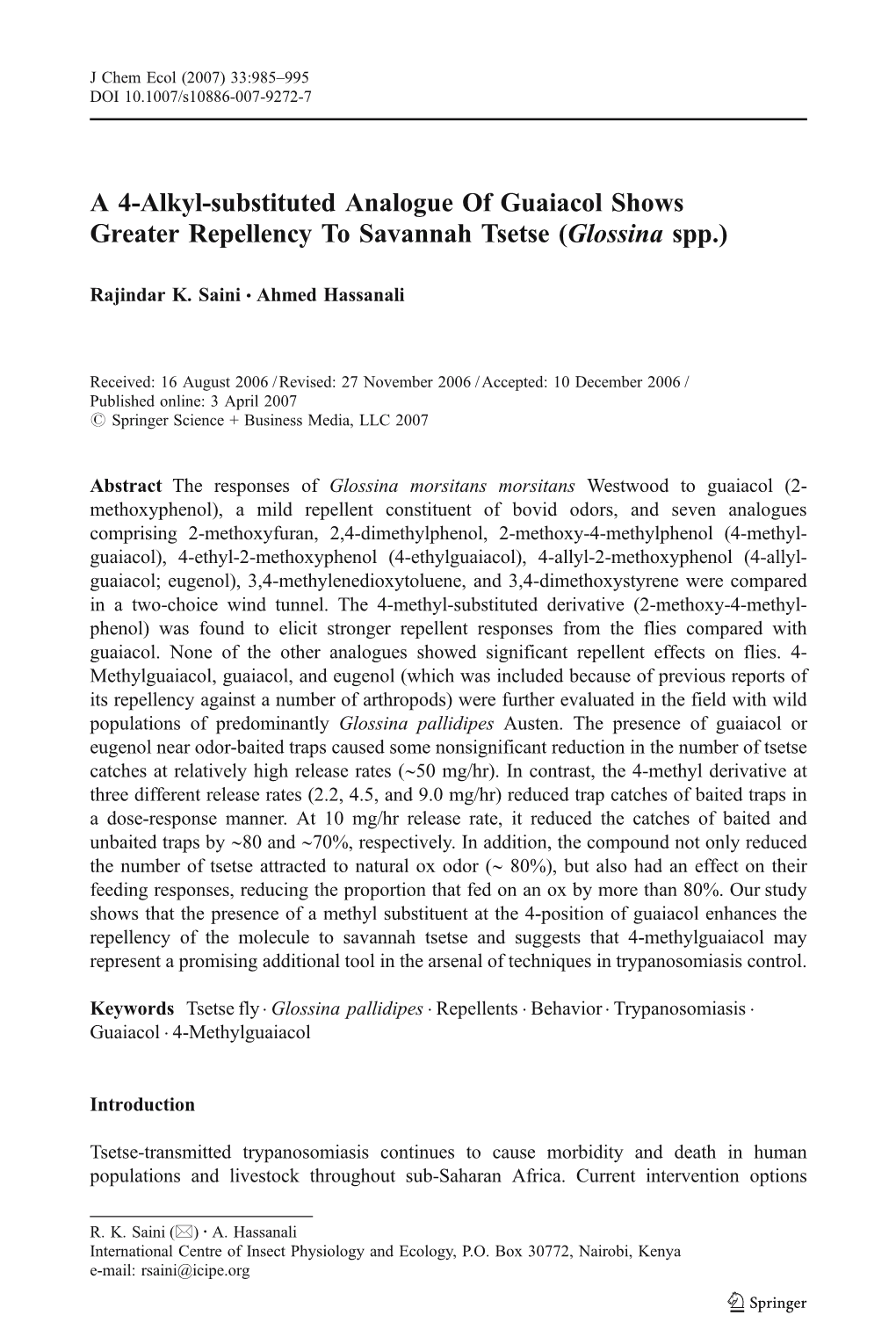 A 4-Alkyl-Substituted Analogue of Guaiacol Shows Greater Repellency to Savannah Tsetse (Glossina Spp.)