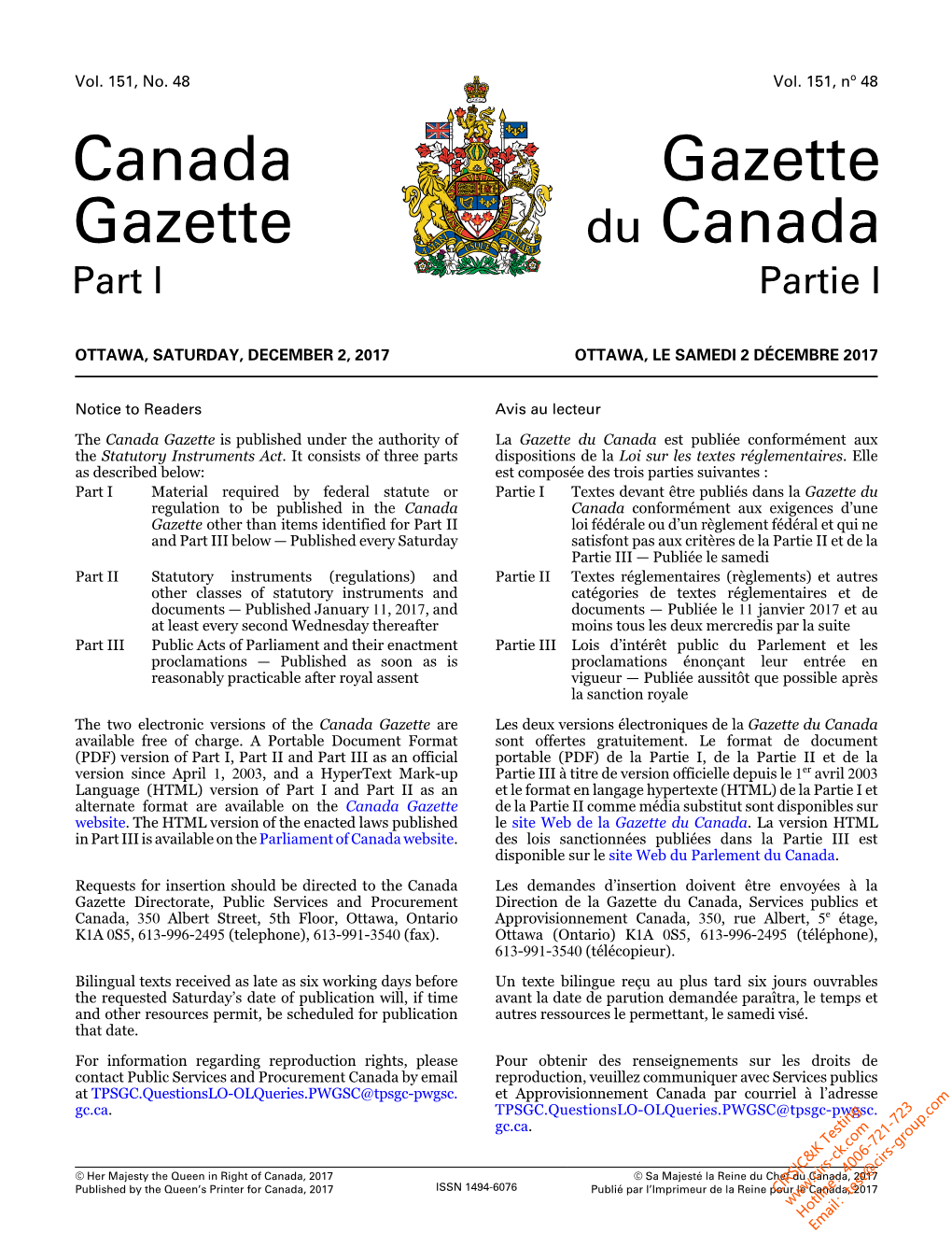 Canada Gazette, Part I