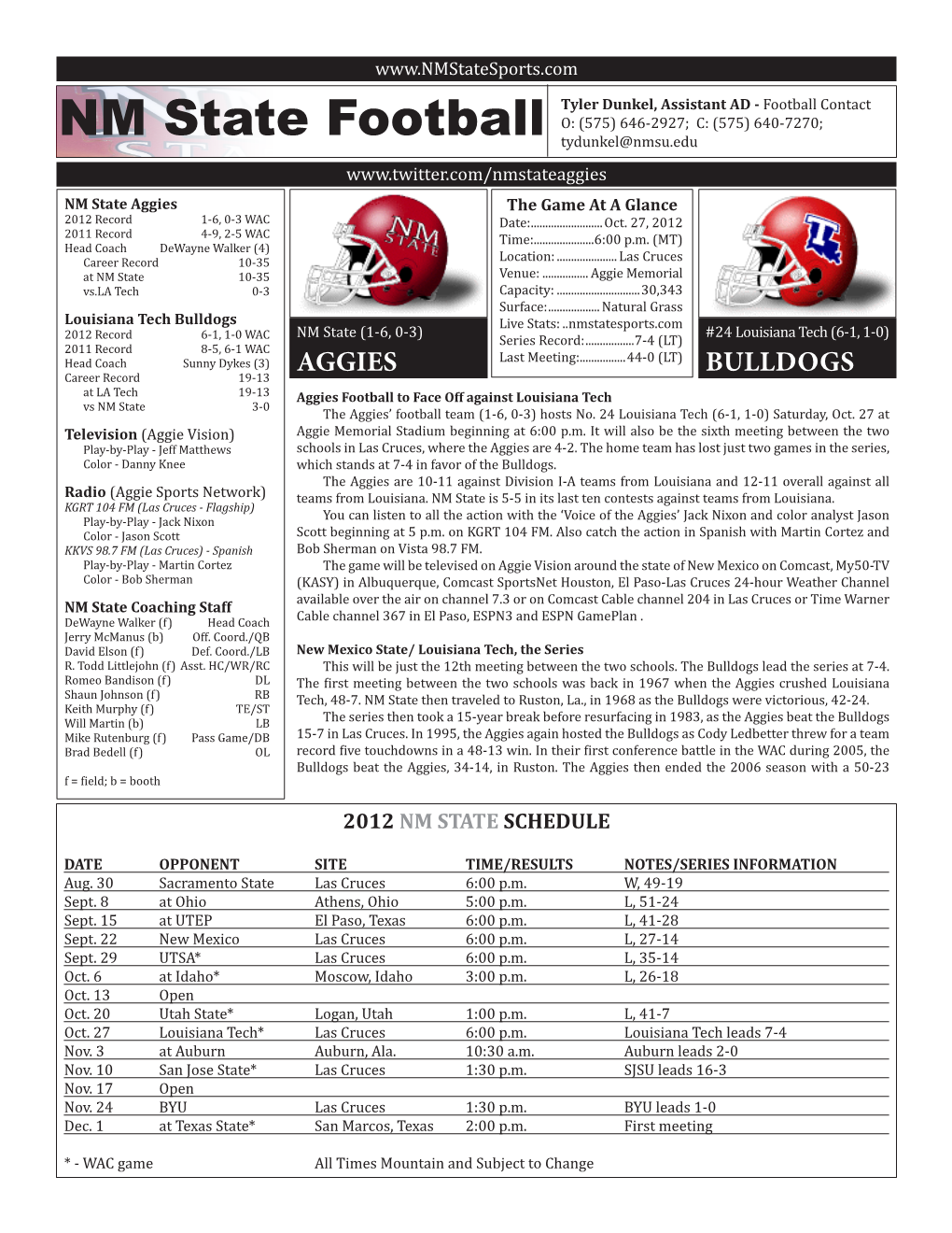 NM State Football Tydunkel@Nmsu.Edu NM State Aggies the Game at a Glance 2012 Record 1-6, 0-3 WAC Date