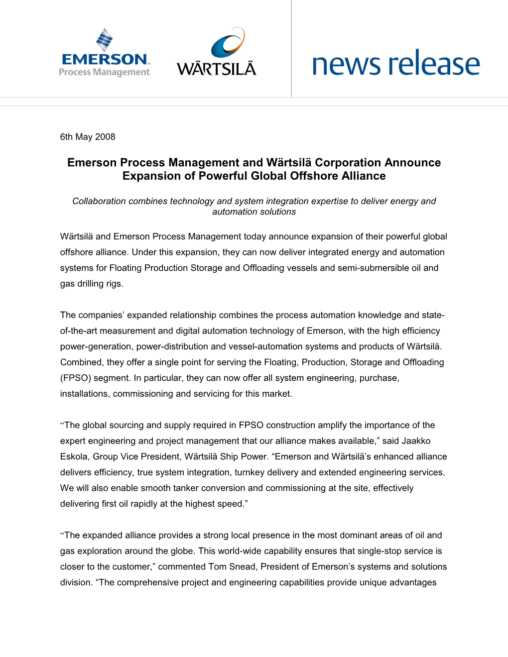 Emerson Process Management and Wärtsilä Corporation Announce Expansion of Powerful Global