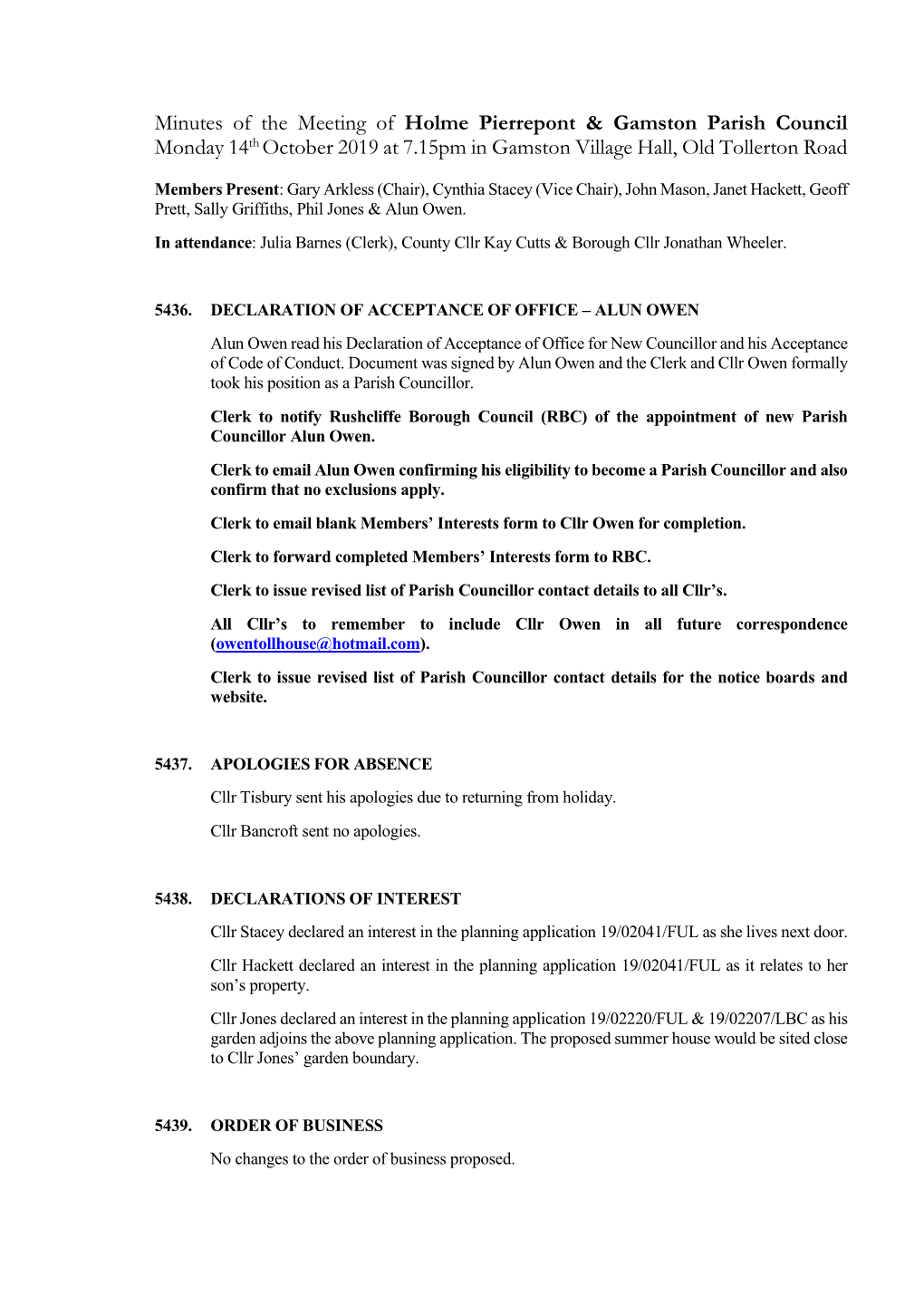 Minutes of the Meeting of Holme Pierrepont & Gamston Parish Council Monday 14Th October 2019 at 7.15Pm in Gamston Village Ha