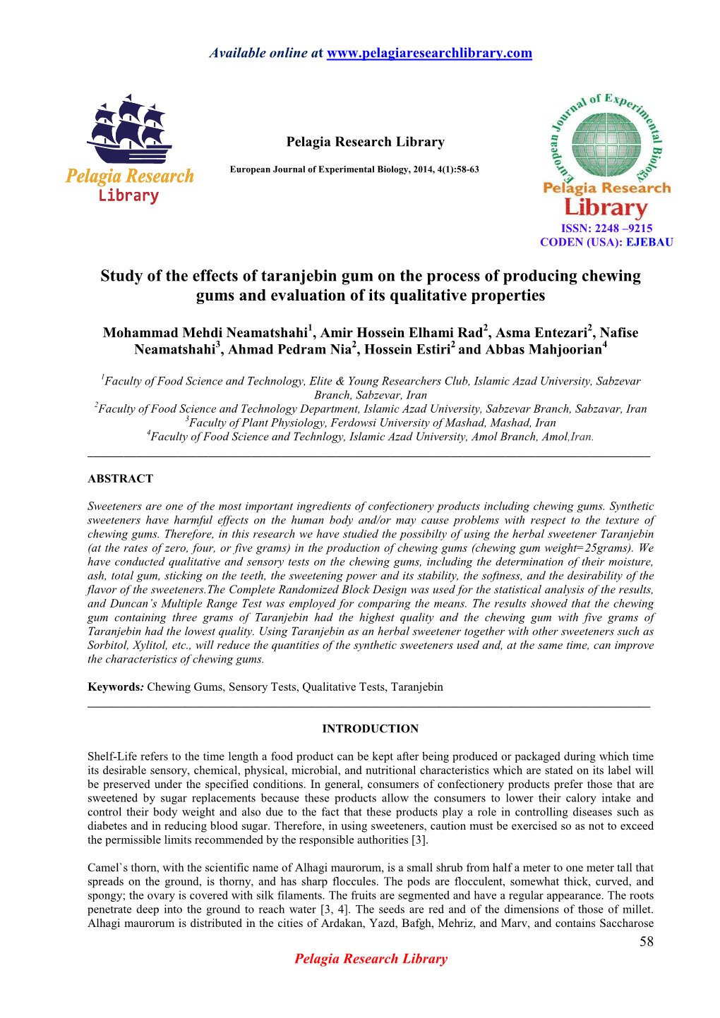 Study of the Effects of Taranjebin Gum on the Process of Producing Chewing Gums and Evaluation of Its Qualitative Properties