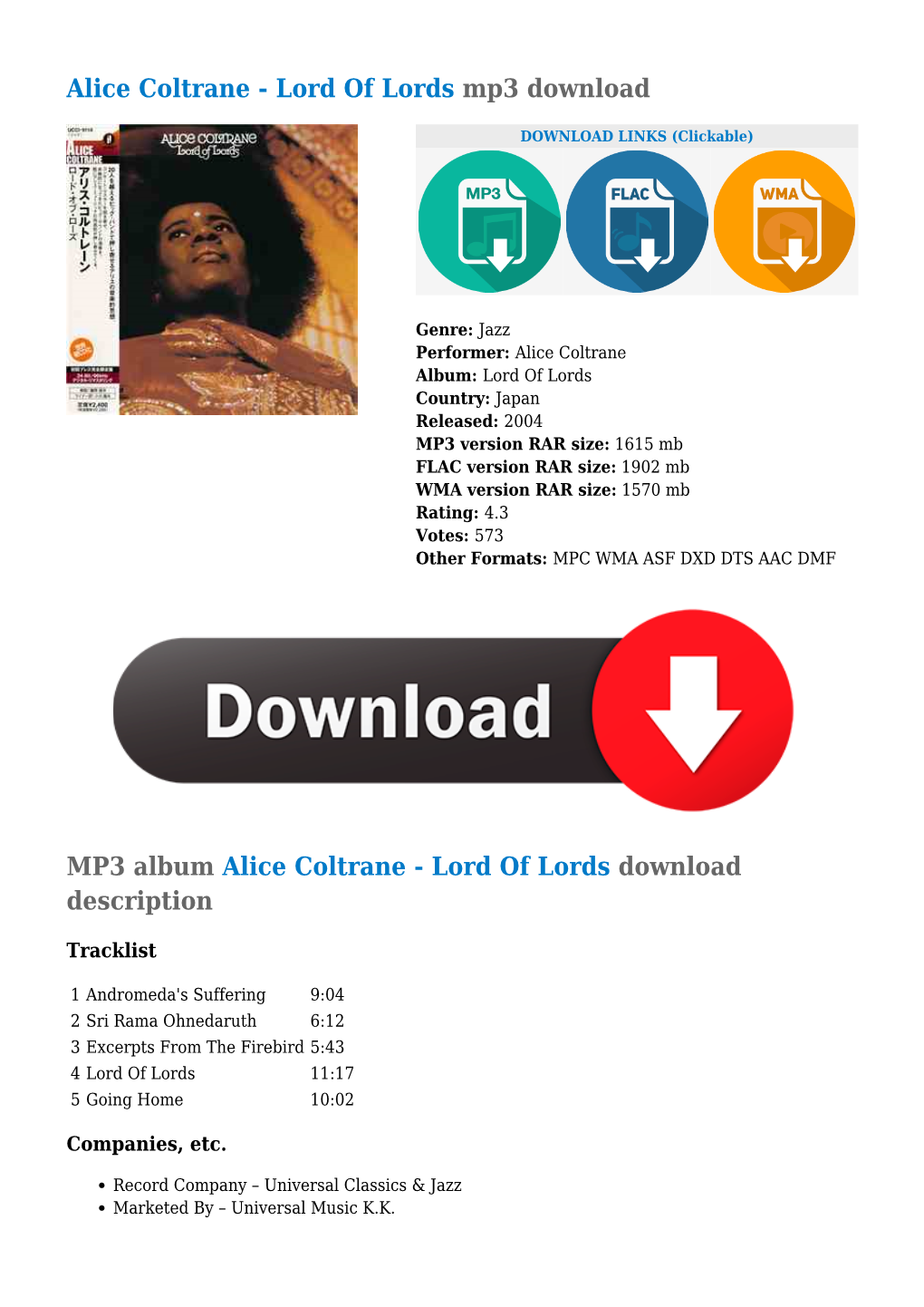 Alice Coltrane - Lord of Lords Mp3 Download