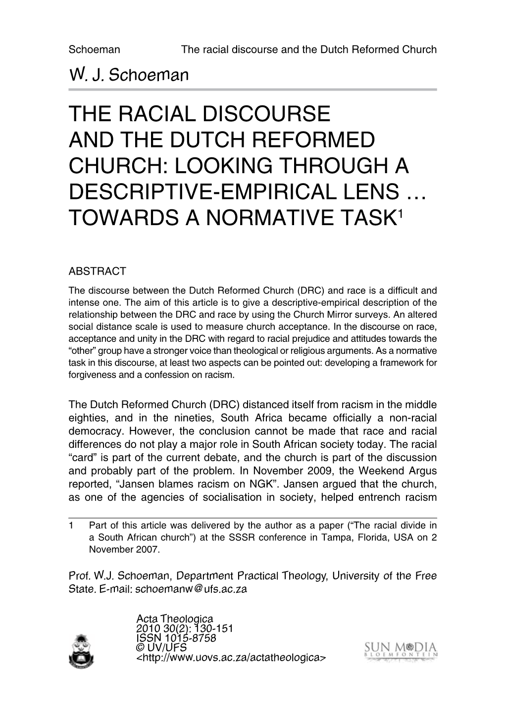 The Racial Discourse and the Dutch Reformed Church W