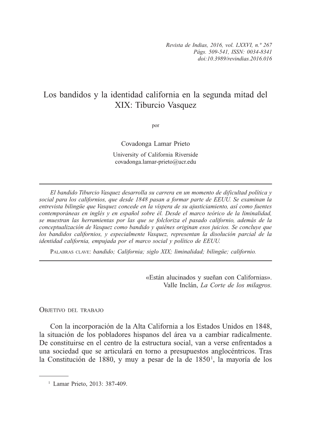 Los Bandidos Y La Identidad California En La Segunda Mitad Del XIX: Tiburcio Vasquez