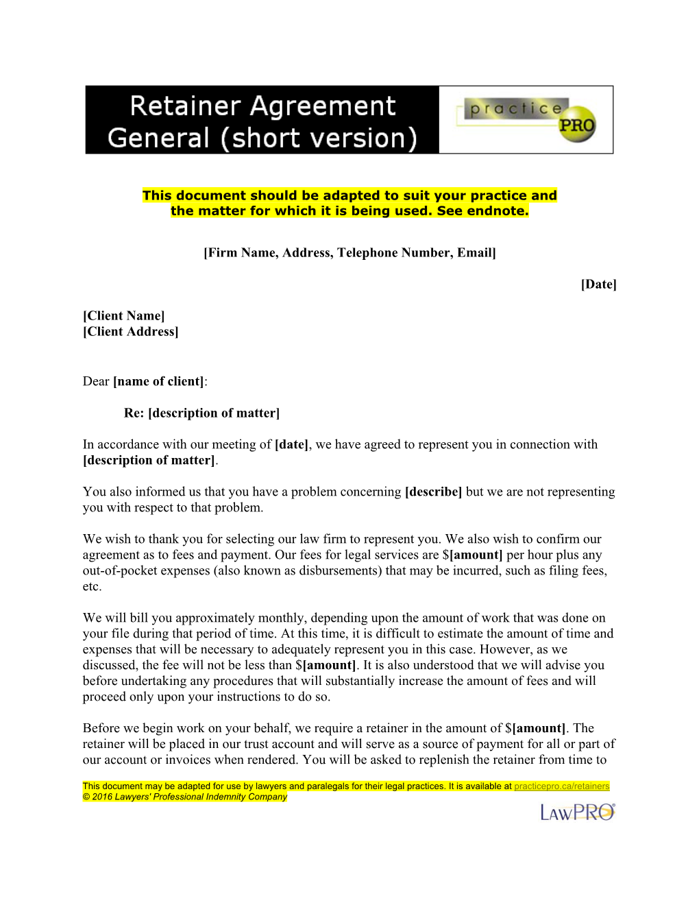 Retainer Agreement General (Short Version)