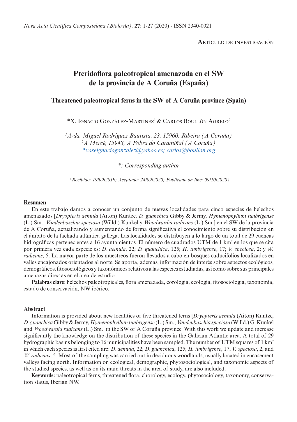 Pteridoflora Paleotropical Amenazada En El SW De La Provincia De a Coruña (España)