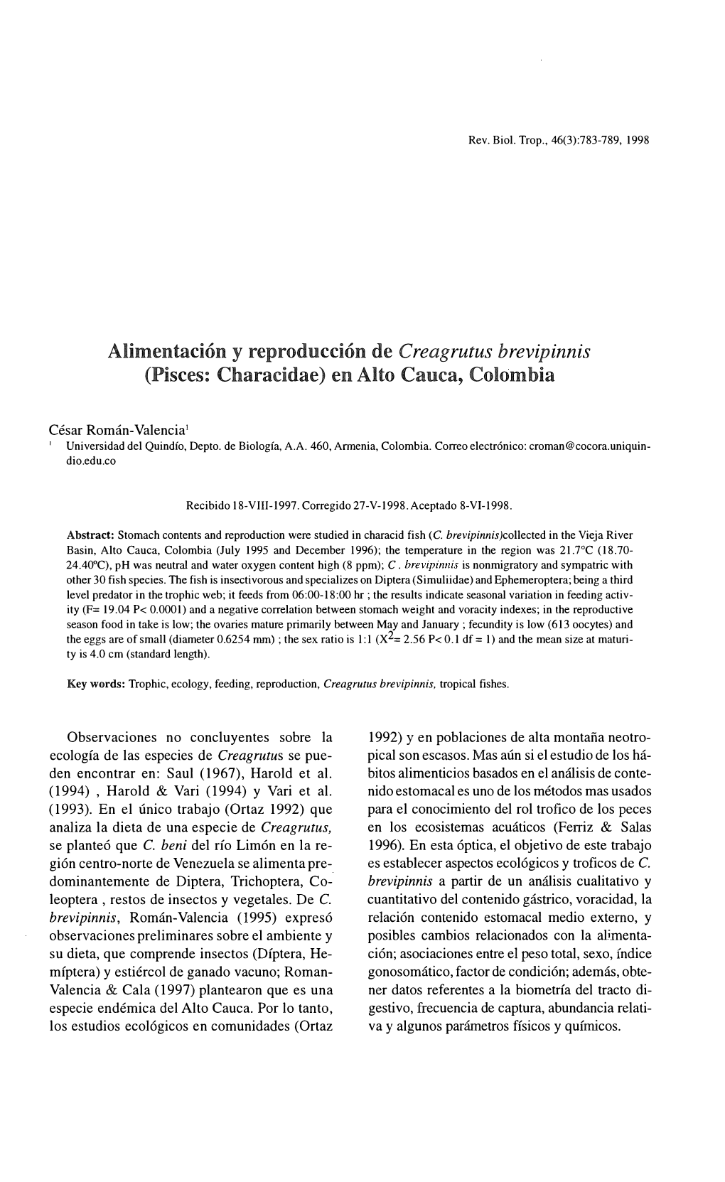 Alimentación Y Reproducción De Creagrutus Brevipinnis (Pisces: Charaddae) En Alto Callea, Colombia