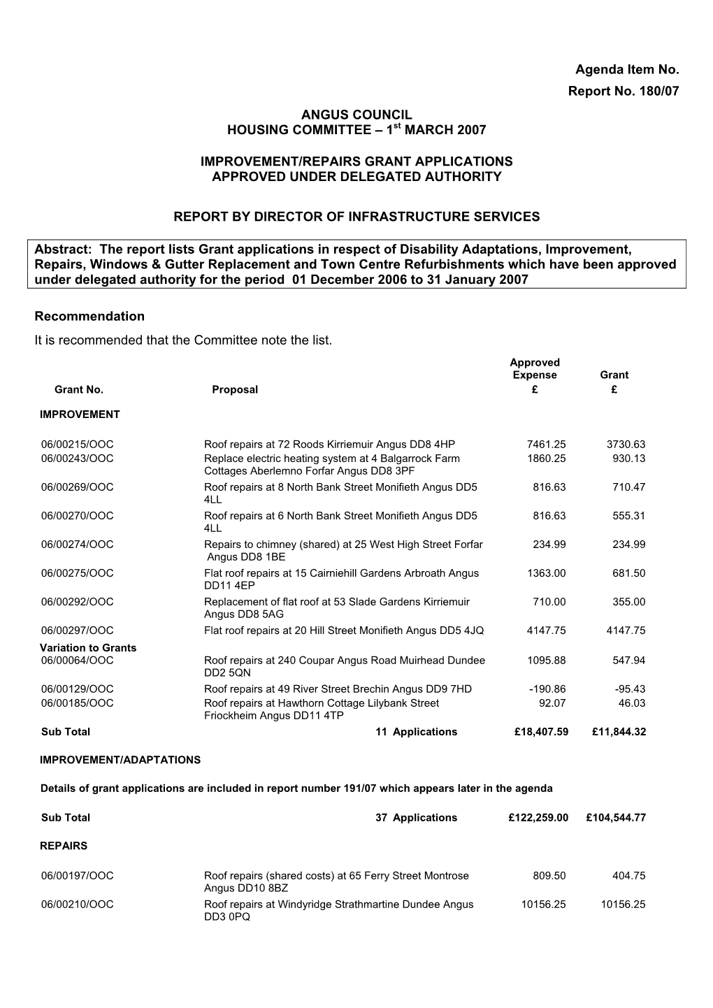 Agenda Item No. Report No. 180/07 ANGUS COUNCIL HOUSING COMMITTEE – 1St MARCH 2007