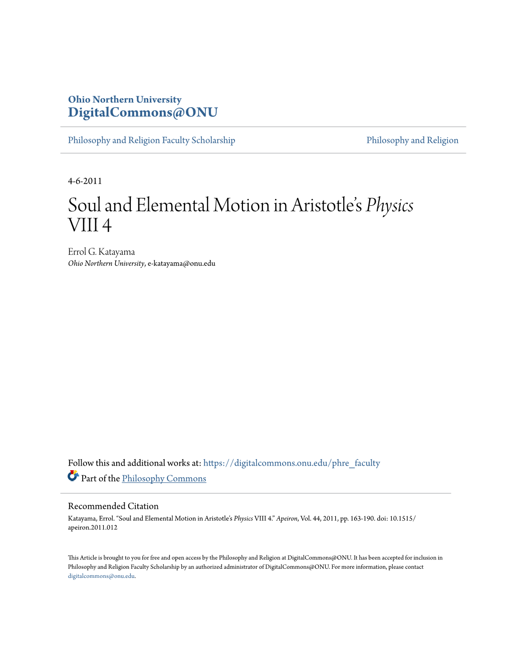 Soul and Elemental Motion in Aristotle's <I>Physics</I> VIII 4