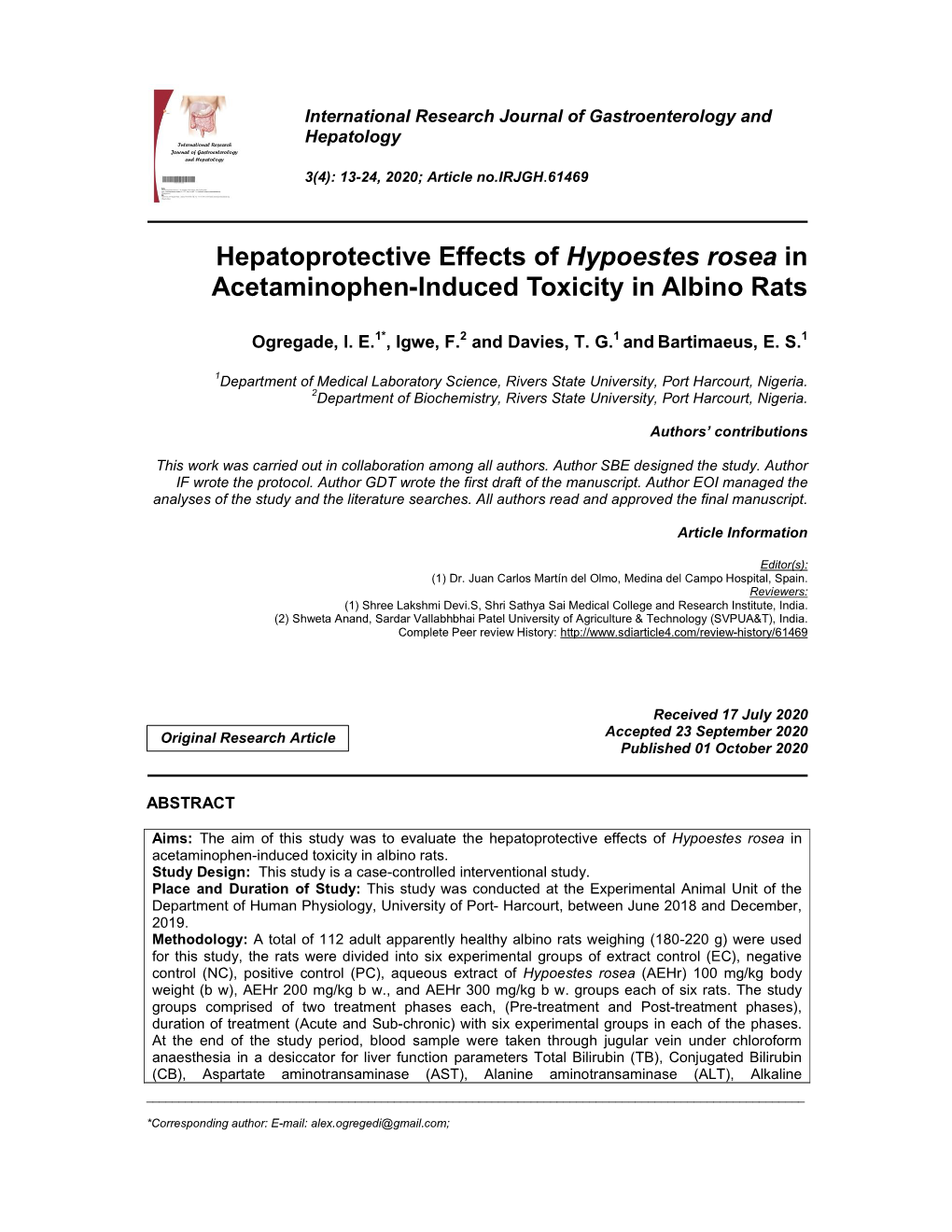 Hepatoprotective Effects of Hypoestes Rosea in Acetaminophen-Induced Toxicity in Albino Rats