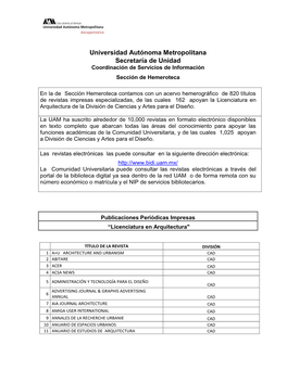 Universidad Autónoma Metropolitana Secretaría De Unidad Coordinación De Servicios De Información