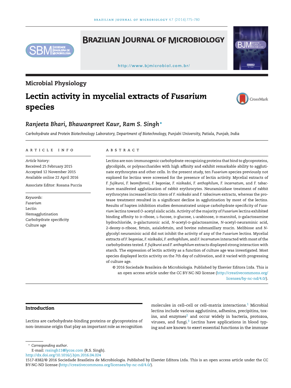 Lectin Activity in Mycelial Extracts of Fusarium Species