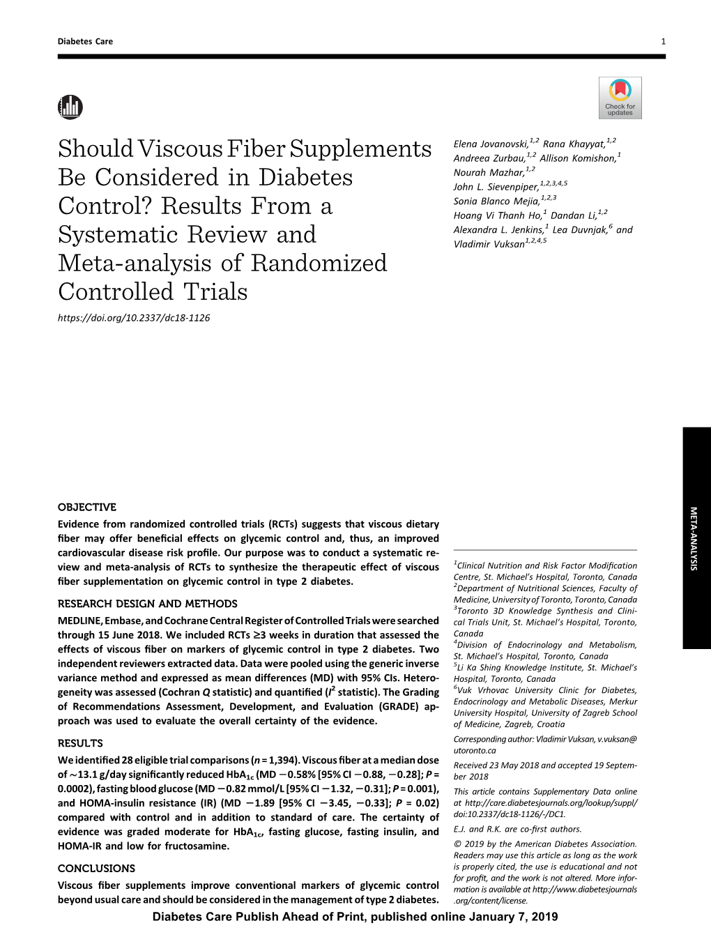 Should Viscous Fiber Supplements Be Considered in Diabetes Control?